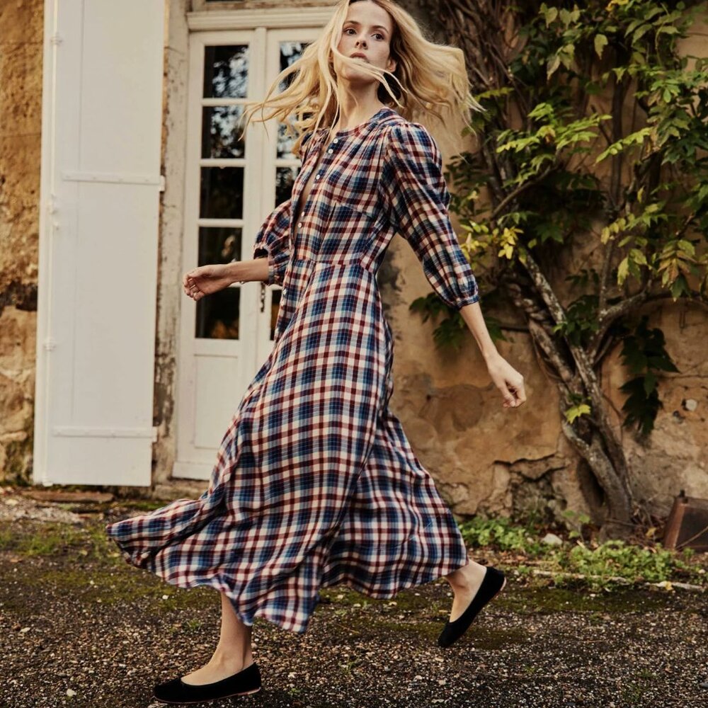 NWT DÔEN Edlynne Plaid Balloon-Sleeve Midi-Dress Size M